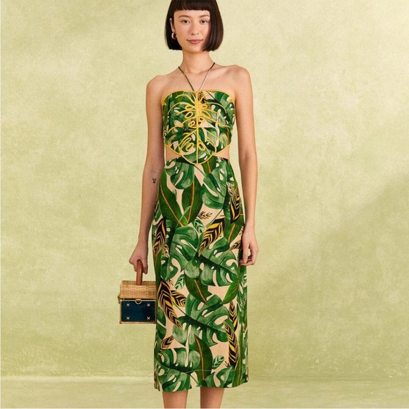 FARM Rio Green and Yellow Strapless Midi Dress - Picture 1 of 7